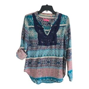 Van Den Bergh Collection Tunic Womens Size Large Boho Crochet Roll Tab Sleeve